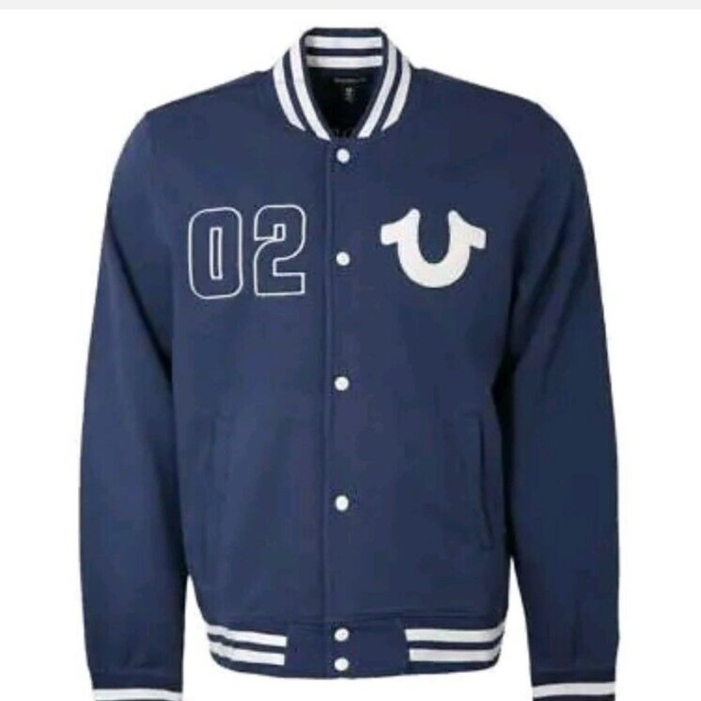 True Religion Men’s Insignia Blue HS 02 Fleece Varsity Jacket NWT